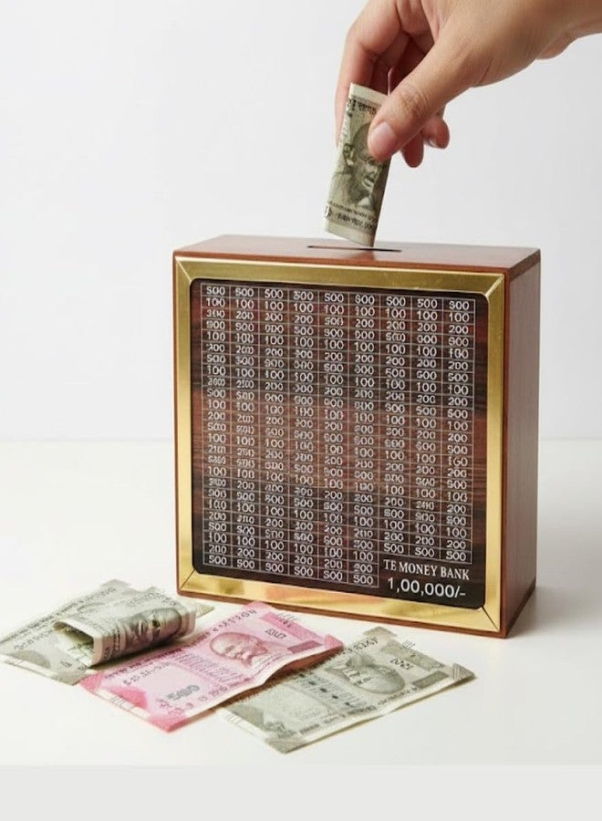 Drumstone 𝟓+𝟓 Year 𝐆𝐔𝐀𝐑𝐀𝐍𝐓𝐄 Wooden Money Saving Box for Adults & Kids with ₹1,00,000 Savings Tracker Smart Goal-Based Money Bank for Home & Office Secure Piggy Bank for Daily Savings Golden - Image 1